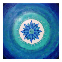 Blauwe lotus, 70 bij 70 cm, acryl 2007 op paneel, te koop