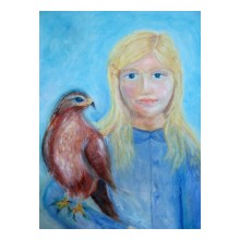 Meisje met buizerd, olieverf op paneel 30 bij 40 cm, 2018, privébezit