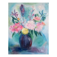 Vaas met bloemen, acryl en olieverf op paneel, 40 bij 50 cm, 2018 te koop